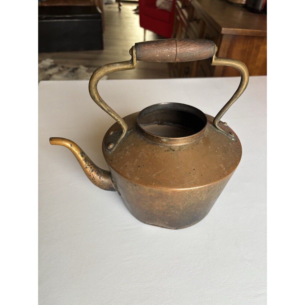Early Copper Brass Dovetailed Goose Neck Teapot Patina Rustic Vintage Antique